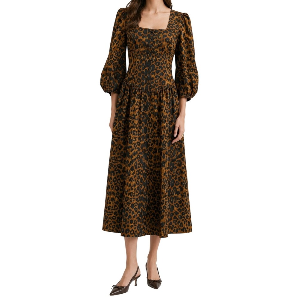 Tuckernuck Graciela Leopard Midi Dress Puff Sleeve Square Neck NWT Size 10
